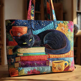 Borsa in Tessuto Trapuntato – Gatto Nero con Libri e Tazze