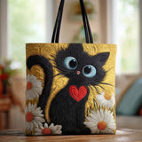 Borsa Artigianale “Gatto Nero con Cuore e Margherite”