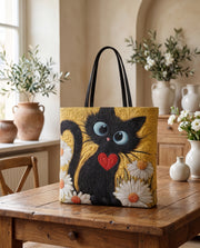Borsa Artigianale “Gatto Nero con Cuore e Margherite”
