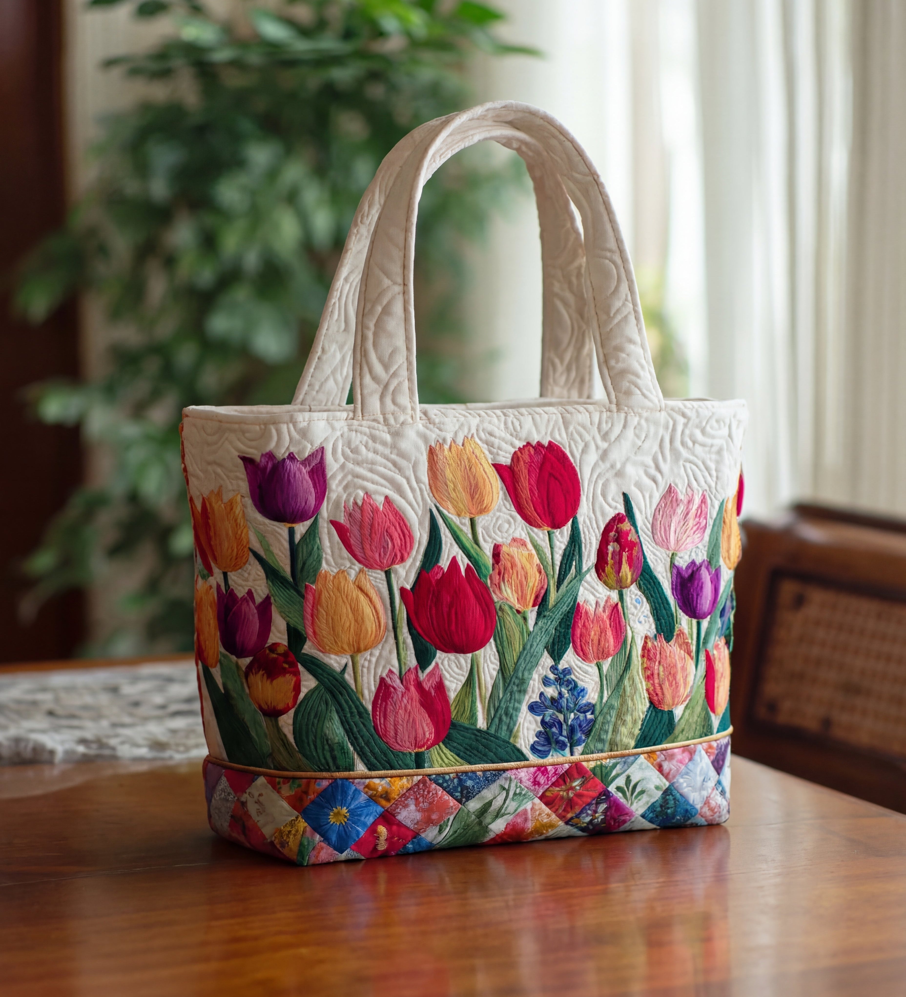 Borsa artigianale imbottita fatta a mano con motivo "Tulipano", borsa a tracolla trapuntata CasaBellaItalia