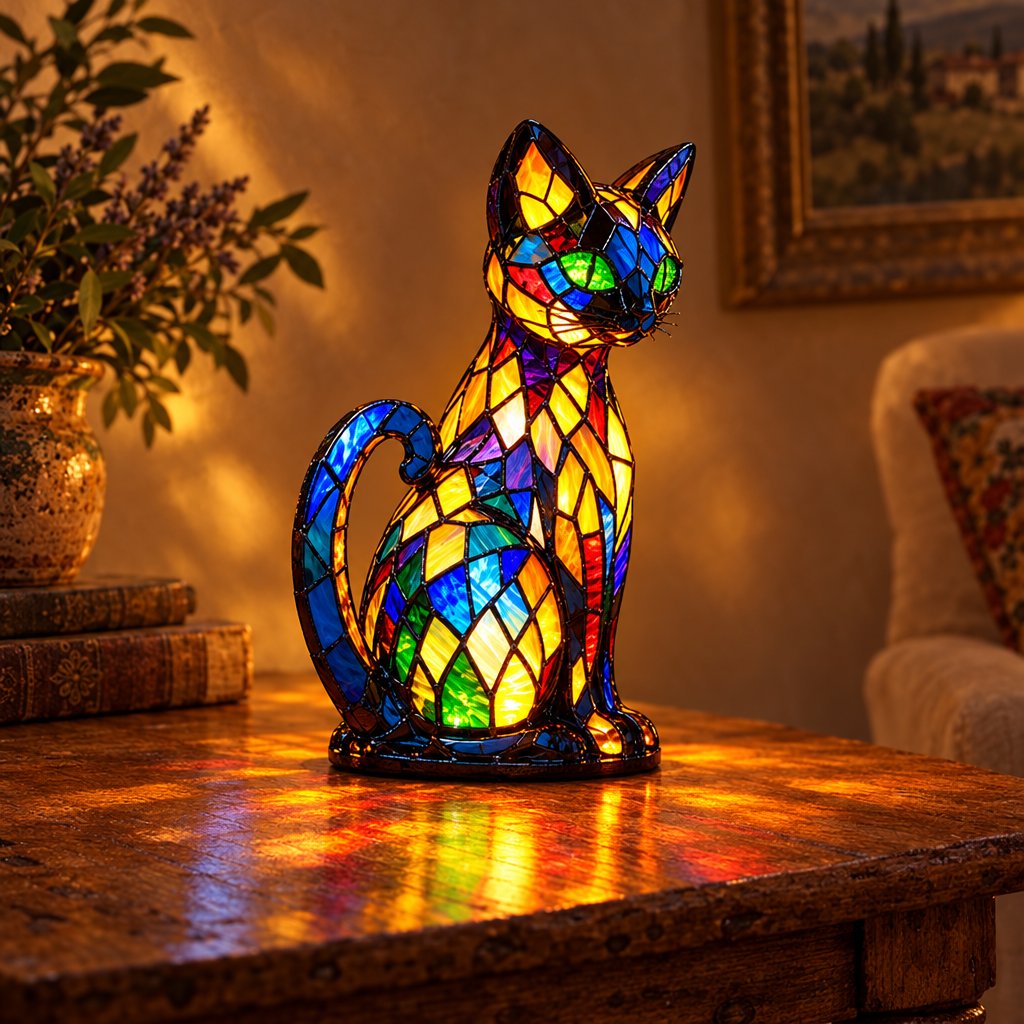 Fido, lampada in vetro colorato accesa, vista di lato