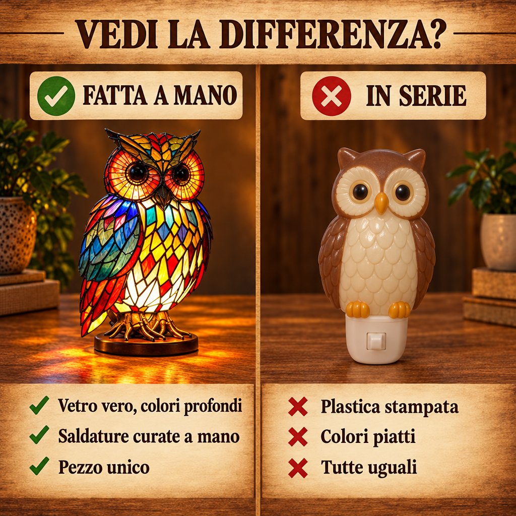 Vedi la differenza: lampada in vetro fatta a mano contro luce in plastica fatta in serie