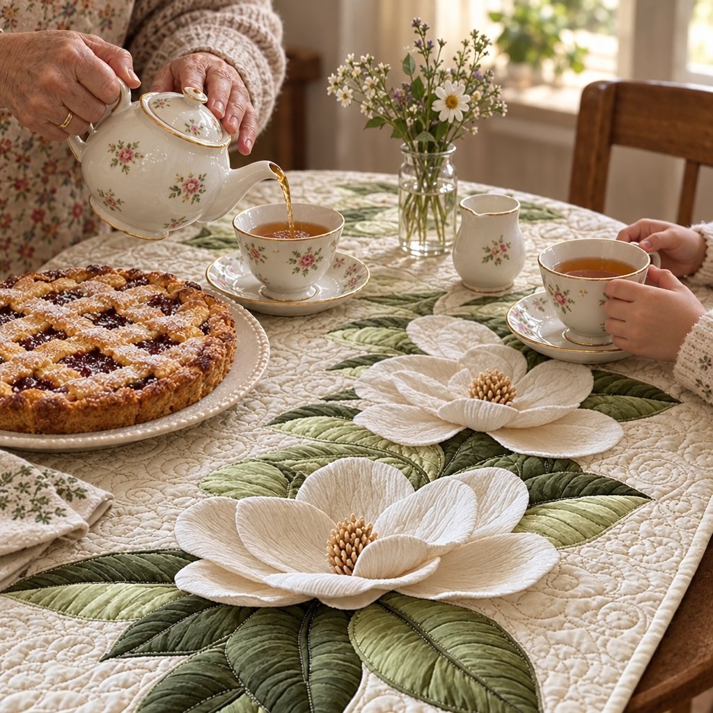 Tovaglia Grazia nei Fiori con servizio da tè in cucina