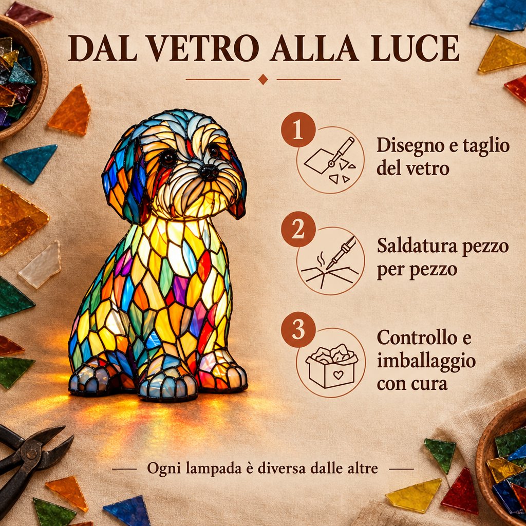 Dal vetro alla luce: disegno e taglio del vetro, saldatura pezzo per pezzo, controllo e imballaggio