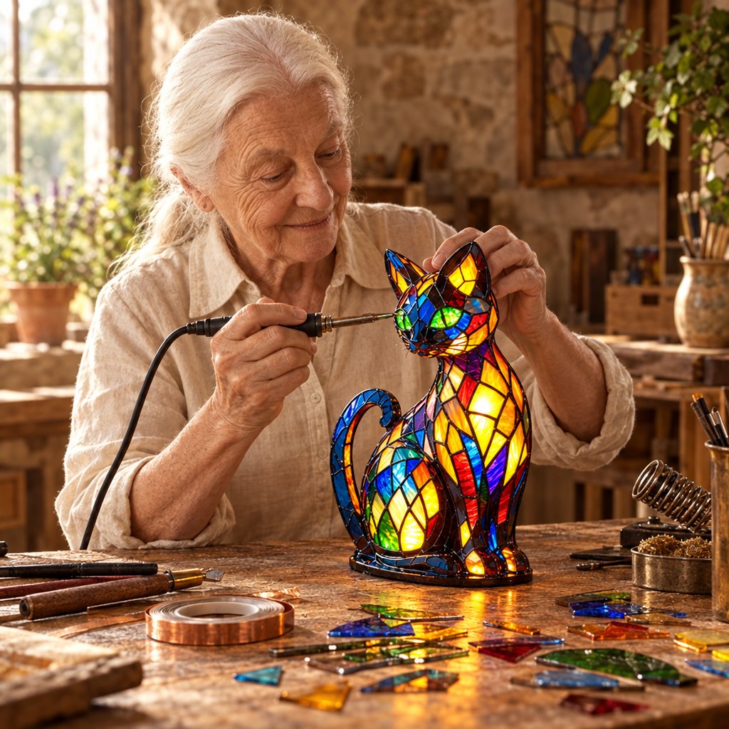 L'artigiana di CasaBella al lavoro sulla lampada Fido in vetro colorato