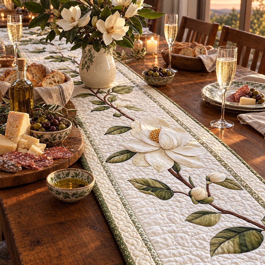 Runner Fiore di Magnolia Rustica durante un aperitivo