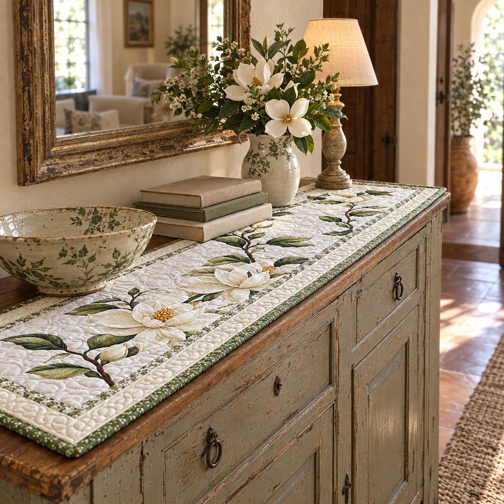 Runner Fiore di Magnolia Rustica su una credenza